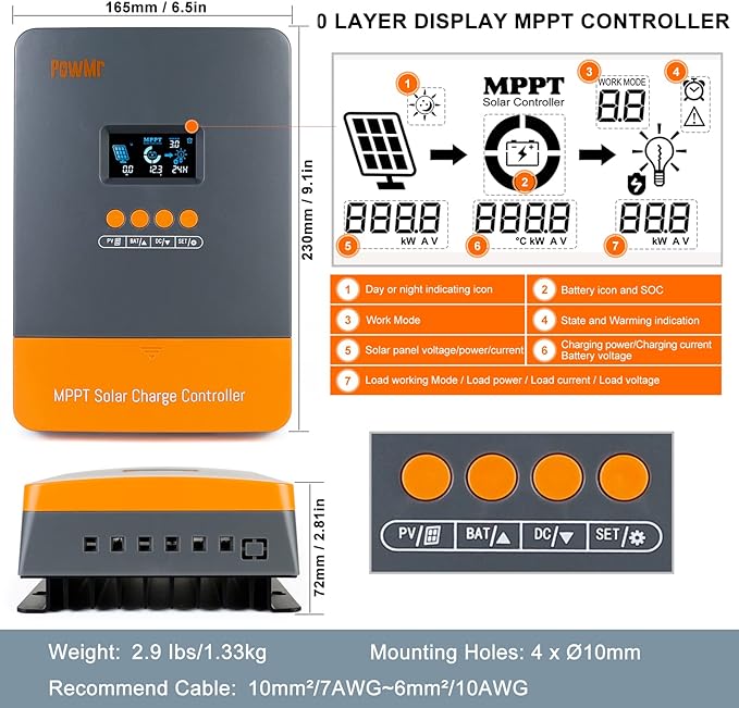 60A MPPT Solar Charge Controller PowMr 12V 24V 36V 48V Controller 60amp Solar Charge Regulator 150V w/LCD Display Work with AGM, Gel, Flooded and Lithium